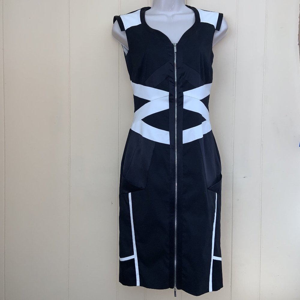 KAREN MILLEN Black White Front Full Zip Pencil Dress Size 2